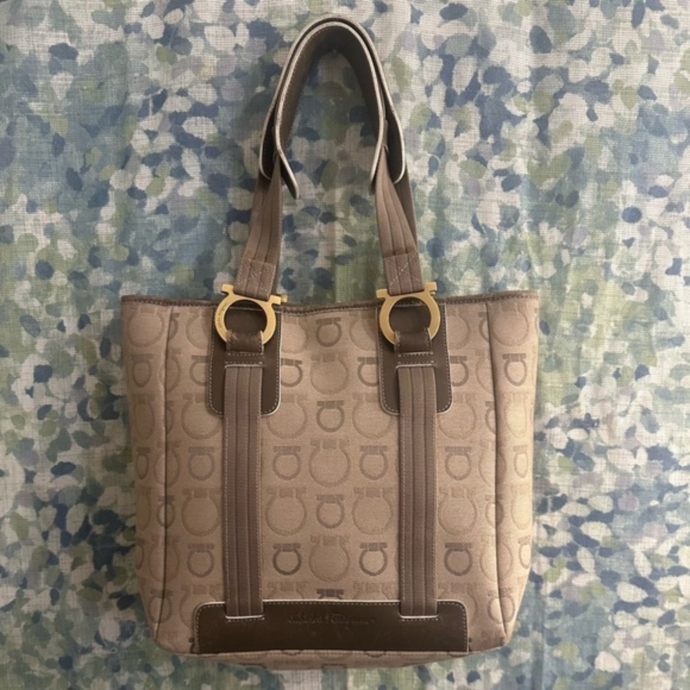 Authentic Ferragamo Gancini Monogram Tote Bag Beige Brown Canvas Leather